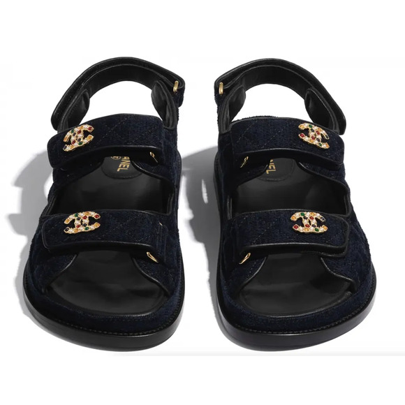 Chanel 21A Blue Velvet Denim CC Logo Mule Slide Strap Flat Teva Dad Sandal 35.5 - Picture 9 of 12